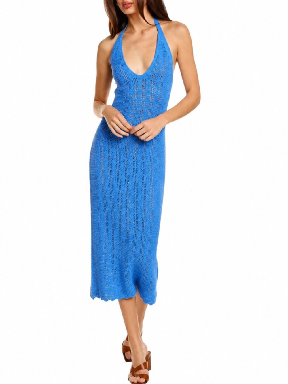 525 Crochet Halter Dress Womens Large Blue Open Back Tie Knit Cotton Midi New wi